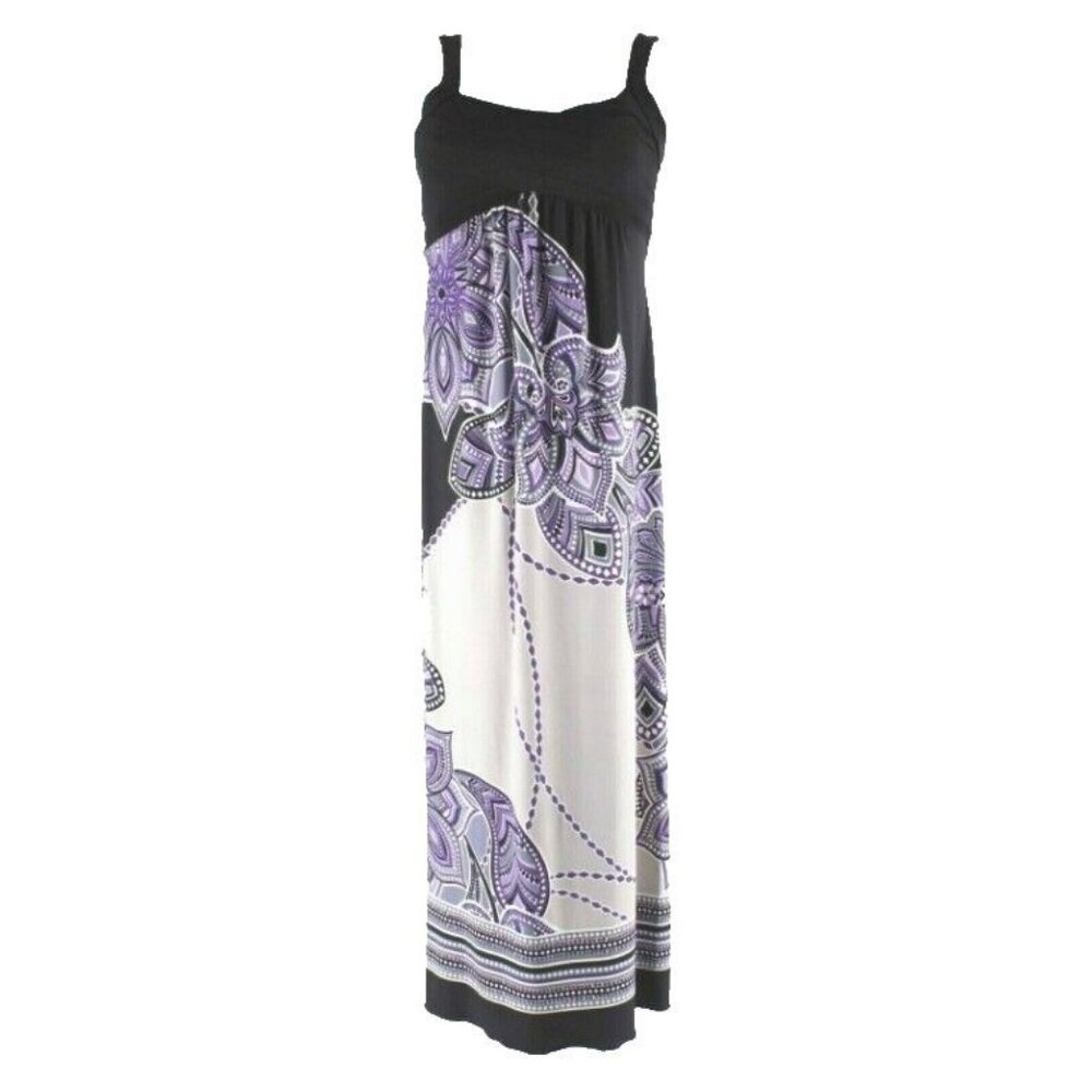 Carole Little Sz 8 Black Purple Gray Multi Long Poly Spandex Maxi Dress 232Y